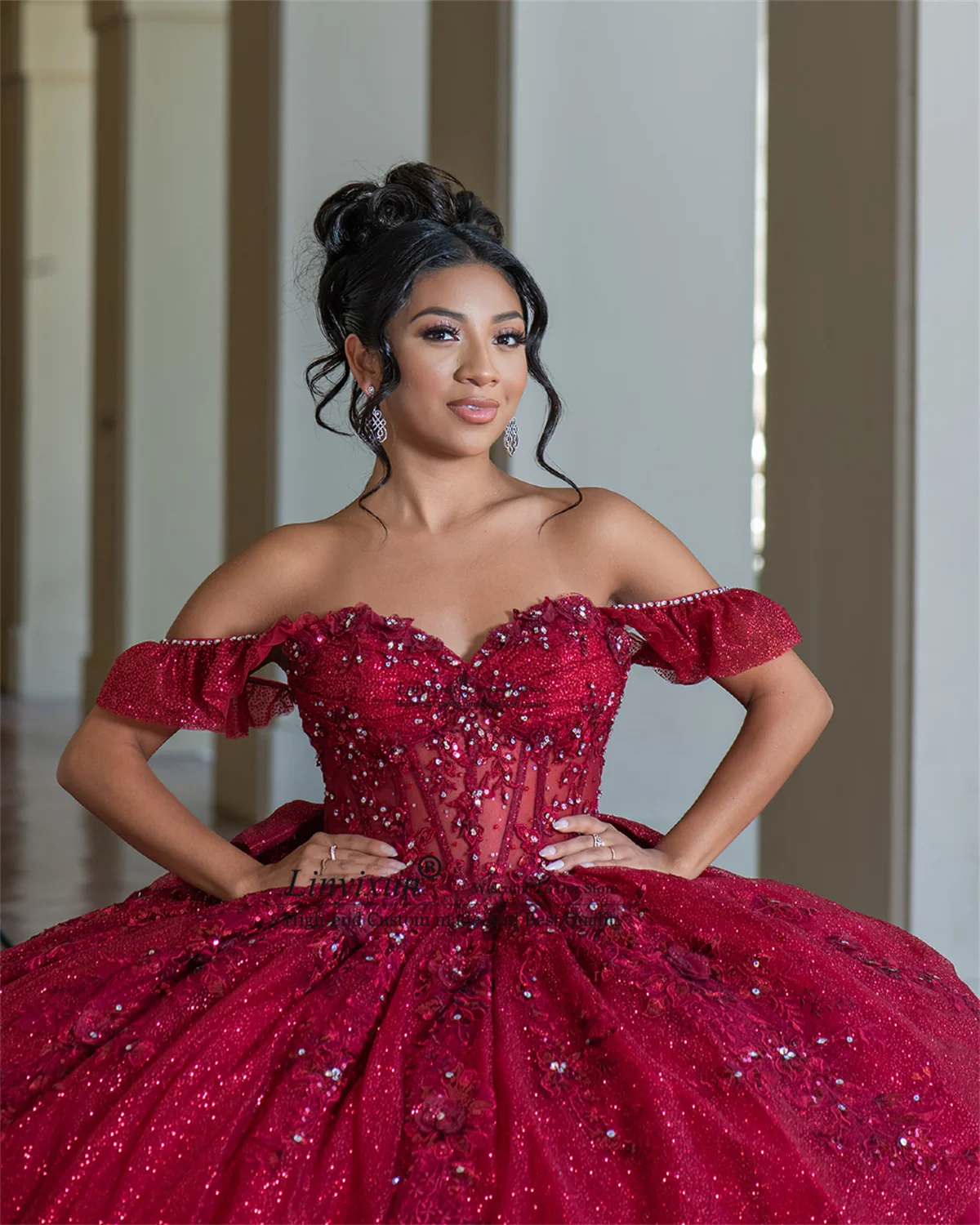 

Elegant Appliques Lace Quinceanera Dresses 3D Floars Off Shoulder Sweet 16 Gown Ball Gown Vestidos De 15 XV Años Customized