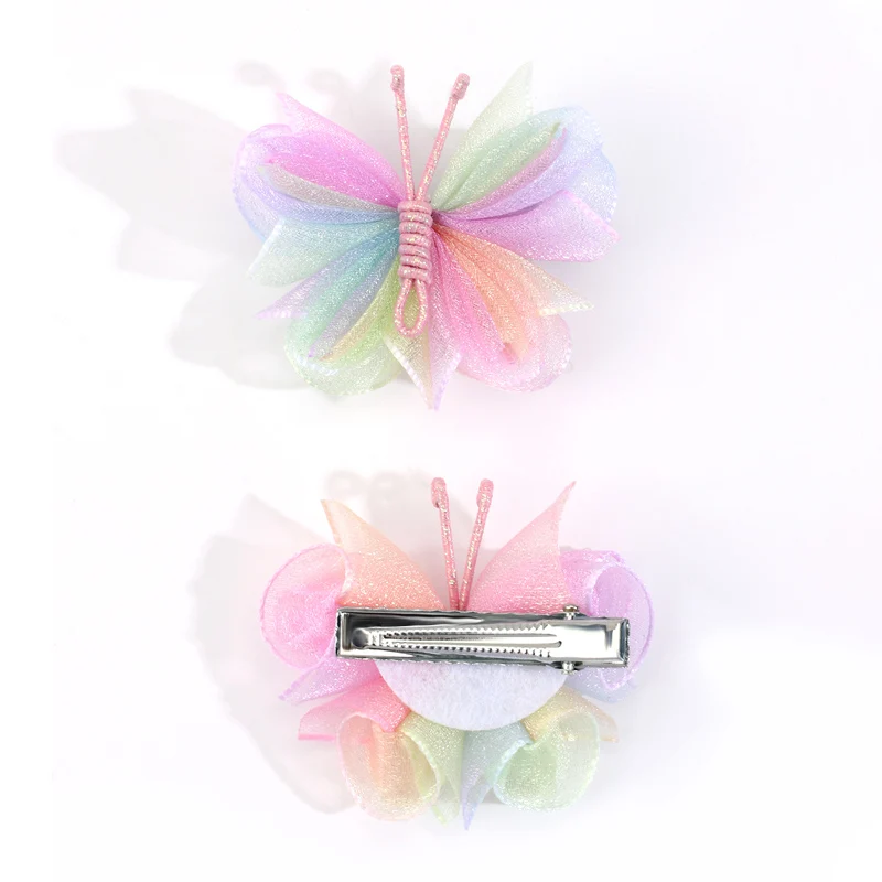 2Pcs Sweet Butterfly Hair Clip For Baby Girls Pink Glitter Hairpins Barrettes Kids Hair Ornament Rainbow Headwear Children Clips