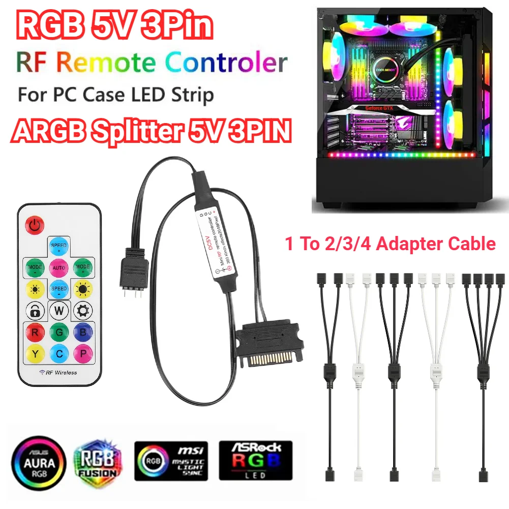 Mando a distancia inalámbrico RF de 5V con batería, controlador LED RGB de 2,4G, 17 teclas, accesorios de 3 pines a SATA de 4 pines para funda de