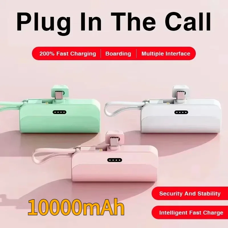 Portable Power Bank 10000mAh Mini 2 in 1 External Battery Charger Cases Plug Play Type-C Fast Charging for iPhone Huawei Android