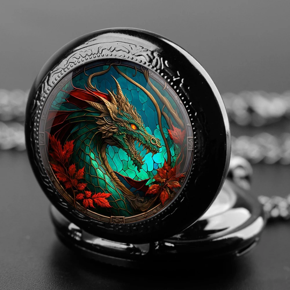 

Classic Mysterio Dragon Design Black Quartz Necklace Pocket Watch With Chain Pendant Steampunk Vintage Gifts Clock reloj hombre