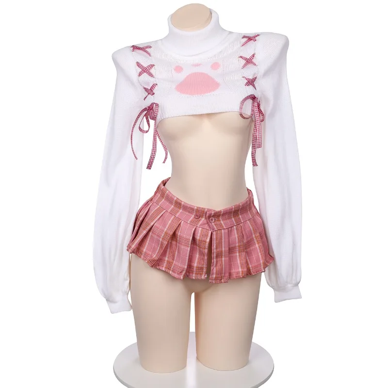 

Private Photo Shoot-Cos Convention Outfit Pink Anime Kawaii Cat Paw Set Turtleneck Sweater Skirt Sexy Plunging Neckline Lingerie