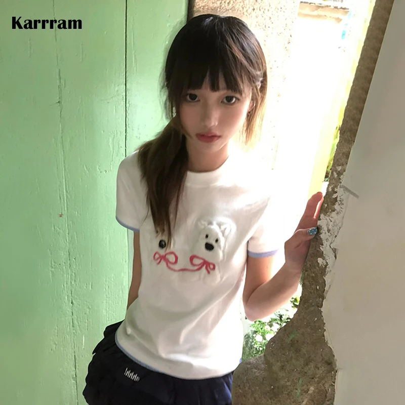 Karrram Japanese Y2k Puppy Embroidery T-shirt Kawaii 2000s Style Fake Two-piece Tops Vintage Harajuku Short Sleeve Tee Shirt 90s