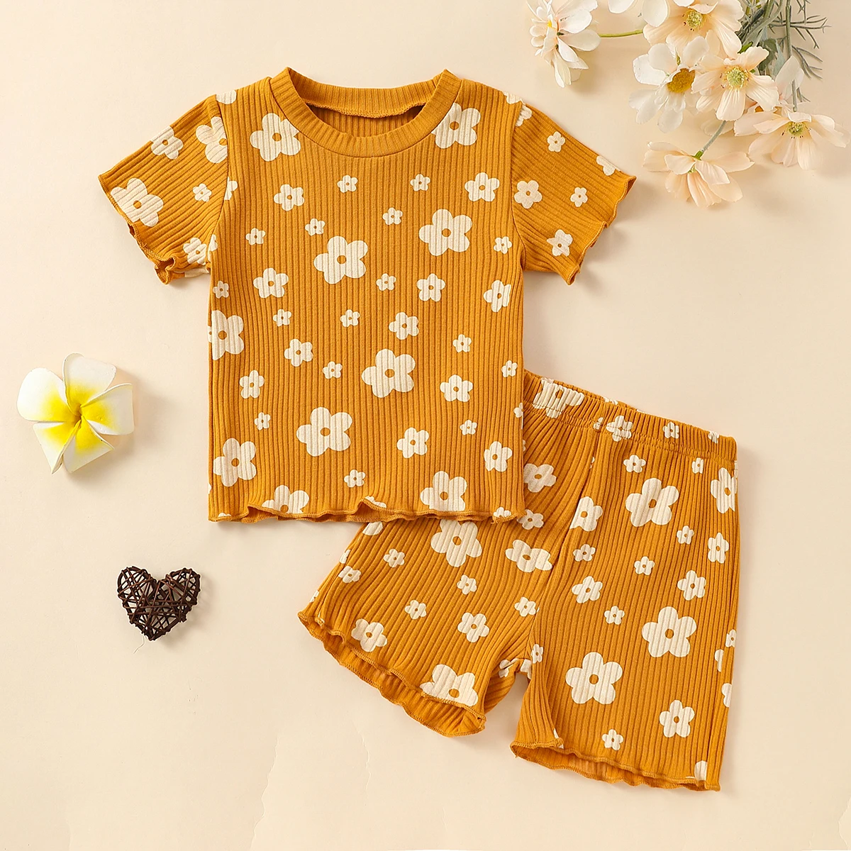 Summer Neutral Baby Toddler Orange Floral Print T-Shirt And Shorts Set - Infant Clothing Two-Piece Outfit