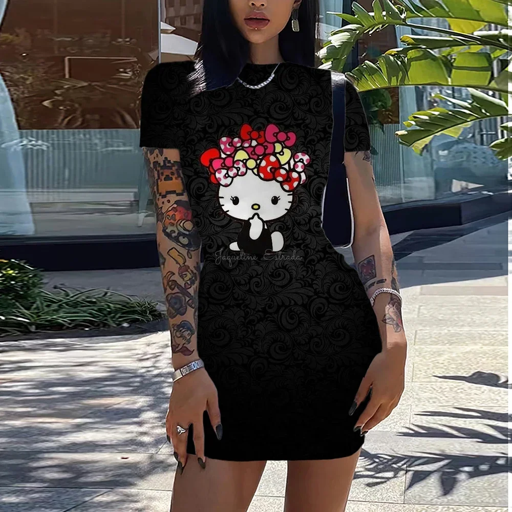 

Summer cartoon Disney Hello Kitty print pattern women's sexy hip hugging skirt casual vacation dress slim fit hip hugging skirt