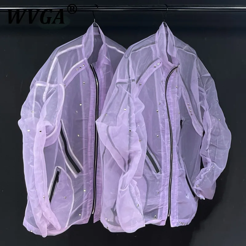 

WVGA Spring Autumn New Men's High Street Elegant Original Design Organza Shirts Stand Collar Chic Casual Long Sleeve Shirt W7042