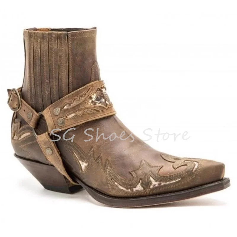 Retro Embroidery Western Cowboys Boots for Men Pointed Toe Wedges Buckle Strap Chelsea Boots Male Dress Shoes Motorcycle Boots image 6