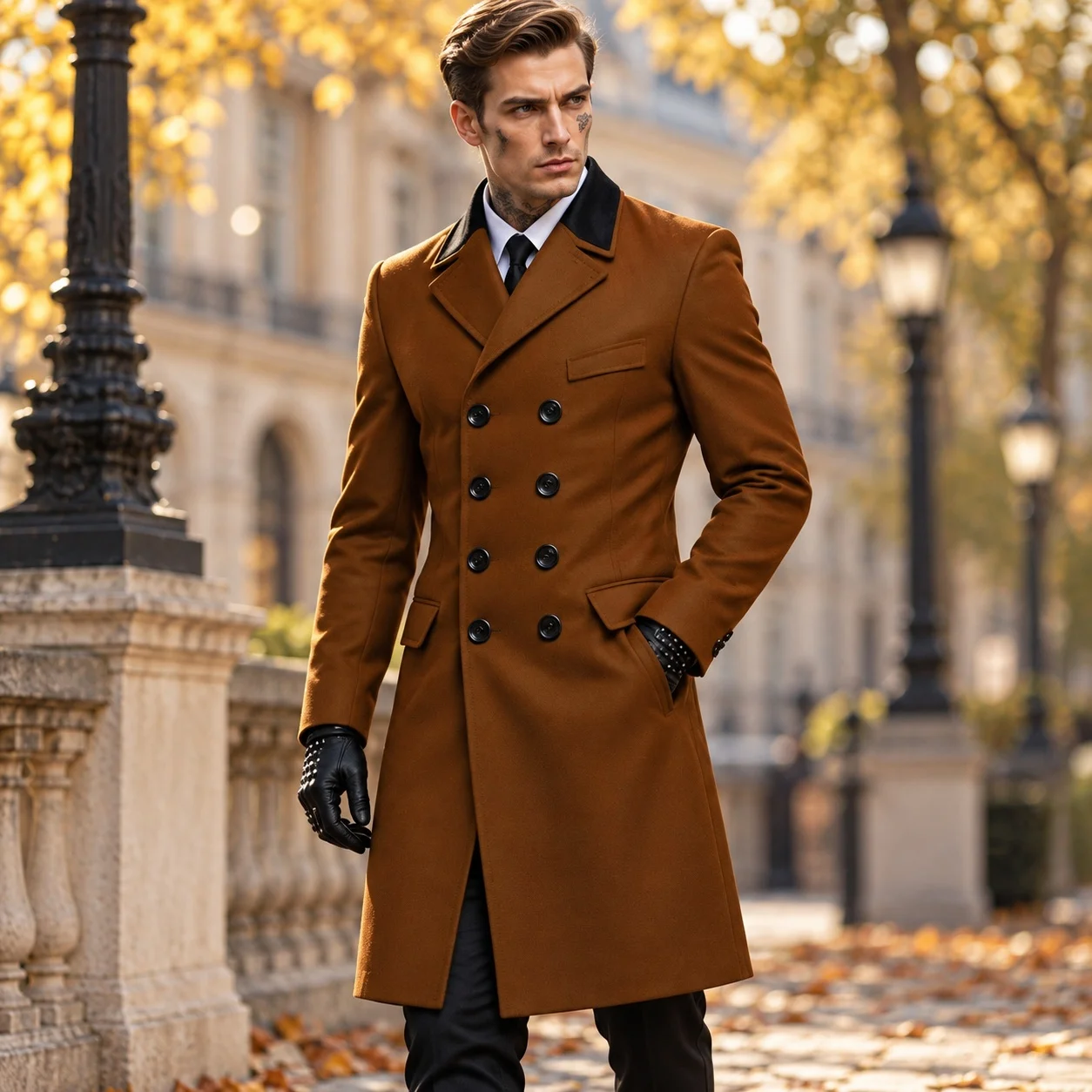 No Belt Patchwork Belt Fitted European and American Coat with Multi Pocket Double Breasted Thickened Notched Lapel Daily for Men