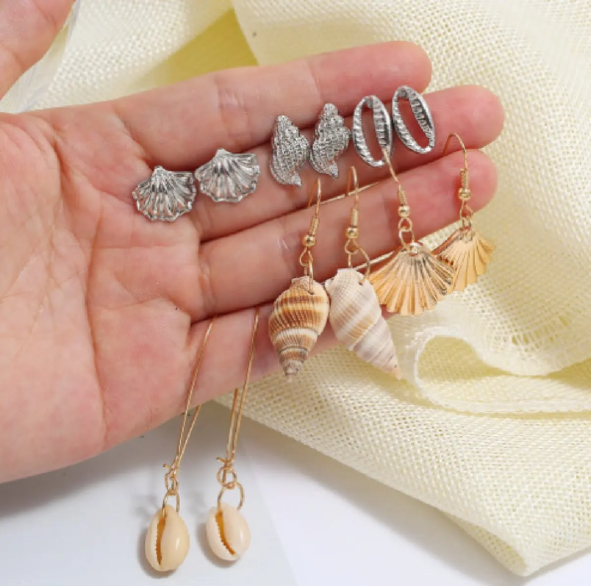 12 Pcs Fashion Summer Shell Ocean Breeze Scallop Silver Gold Colour Earrings Set Women Seaside Outdoor Holiday