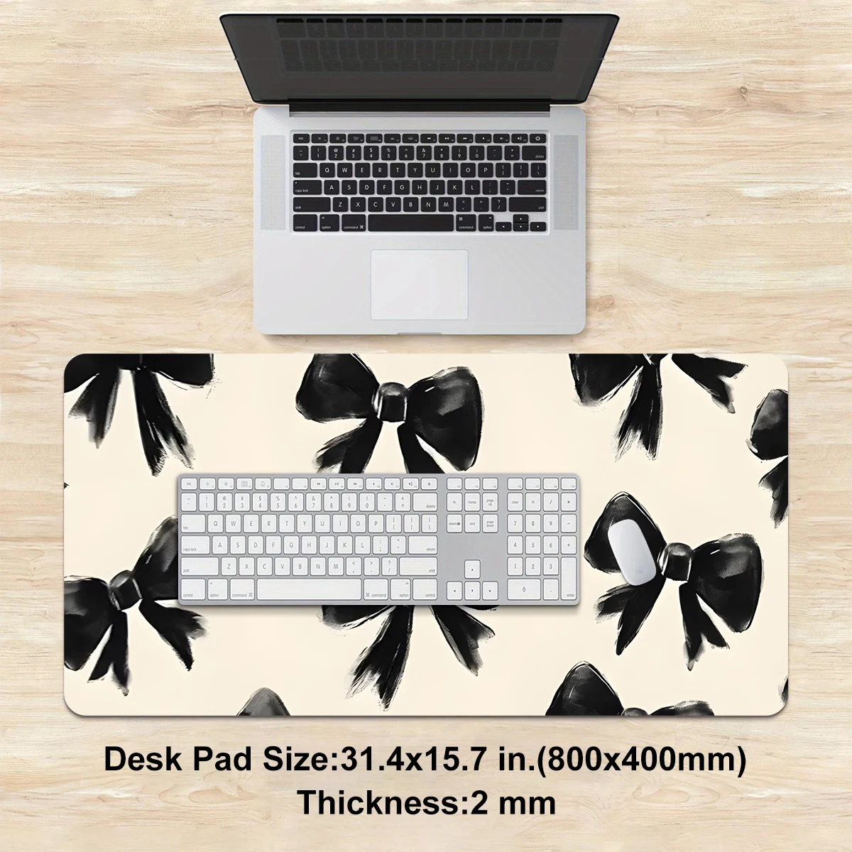 Tappetino per mouse chic con motivo fiocco nero da 1 pezzo: superficie in tessuto liscio e durevole antiscivolo |   Elegante arredamento da scrivania alla moda per l'ufficio e la casa