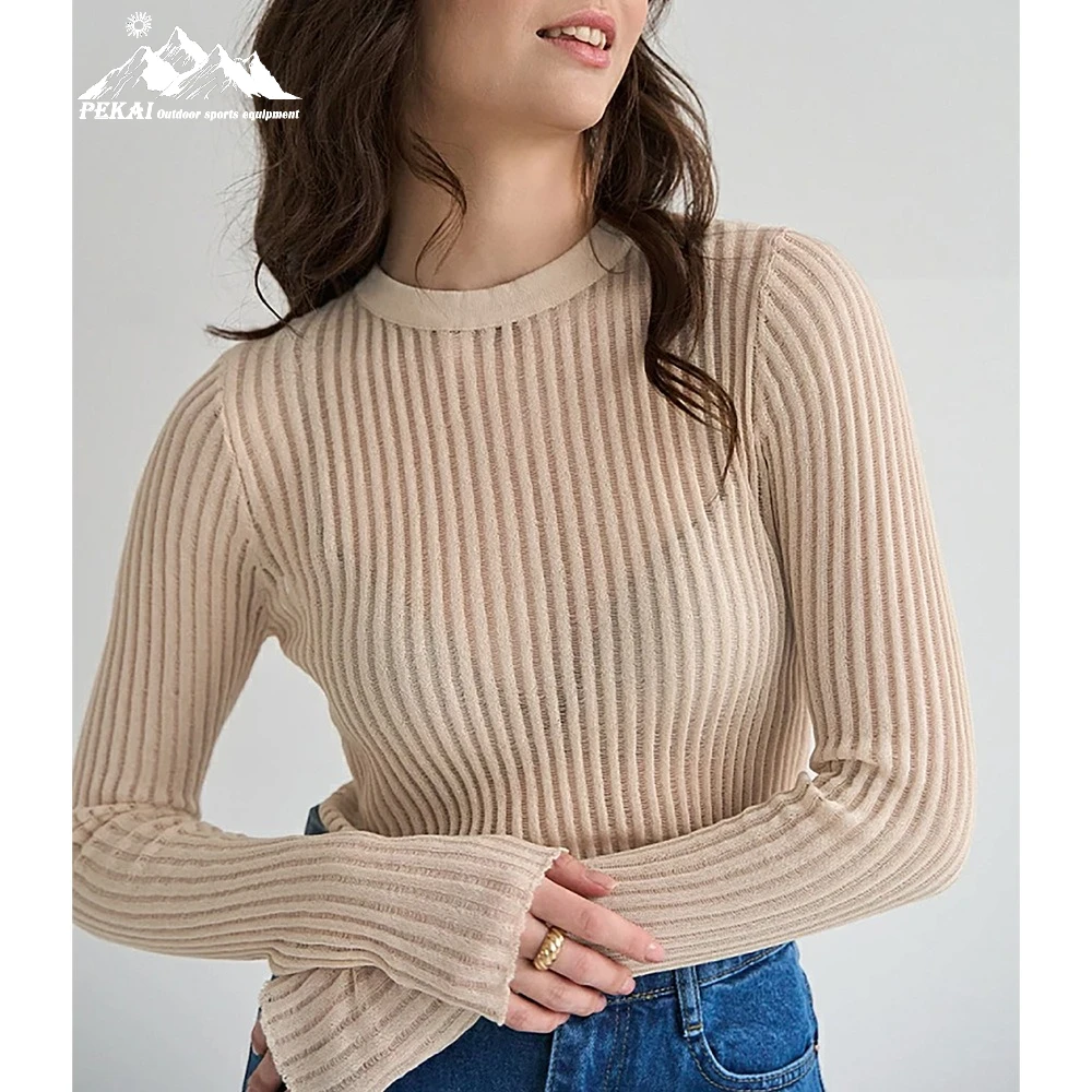 

Hollow Knit Sweater Sexy Slim Fit Wool Round Neck Long Sleeved Slim Striped Sexy Spicy Girl