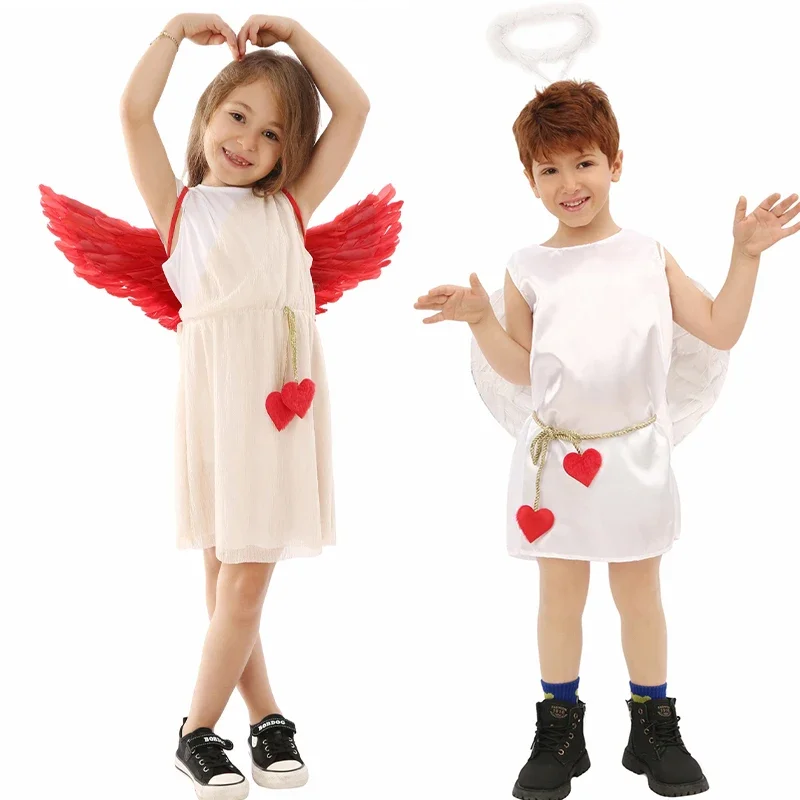 2025 New Arrival Child Valentine's Day Outfits Girl Angel Halloween Dress Up With Cherub Red Wing Boy Cupid Costume