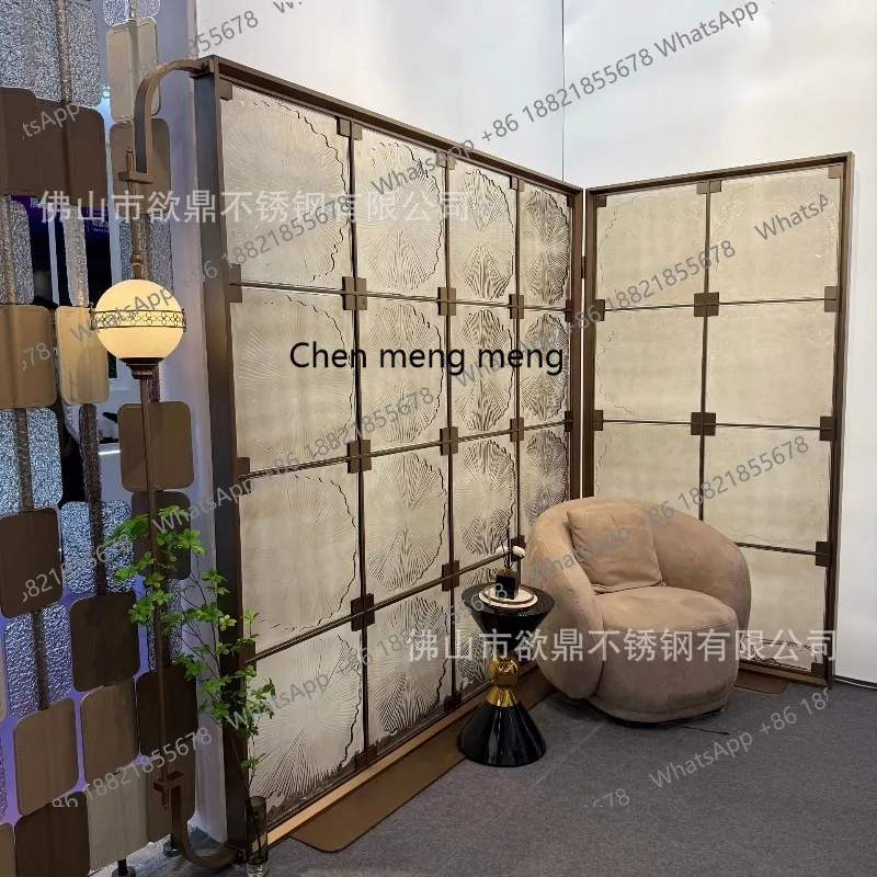 Crystal transparent lotus leaf square hanging piece stainless steel frame screen partition glass brick hotel folding screen