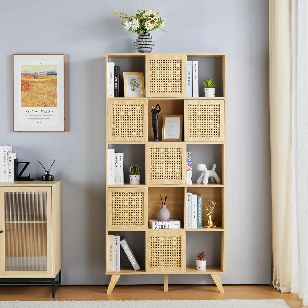 Natural Rattan Bookcase, Wooden 5 Shelf Bookcase with Rattan Sliding Doors, Office Display Cabinet, Creative Display Bookcases