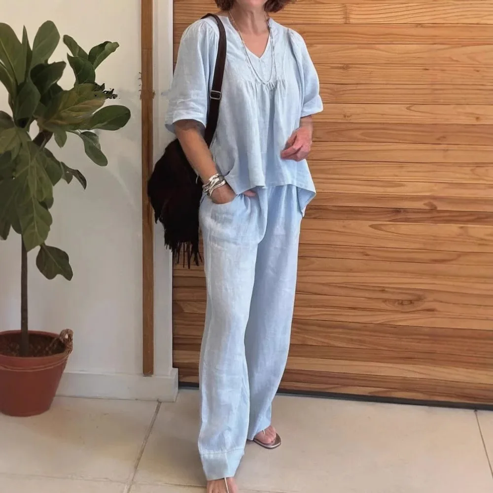 

Casual vacation fashion solid color V-neck short-sleeved pleated women two-piece set Spring Summer new long pants Female set2025