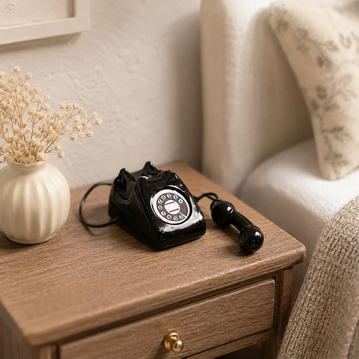 1:12 Mini Retro-Telefon Puppenhaus-Dekoration, Vintage Wählscheiben-Telefonmodell mit Kabel, Winziges Schreibtisch-Telefonzubehör – Detail 7