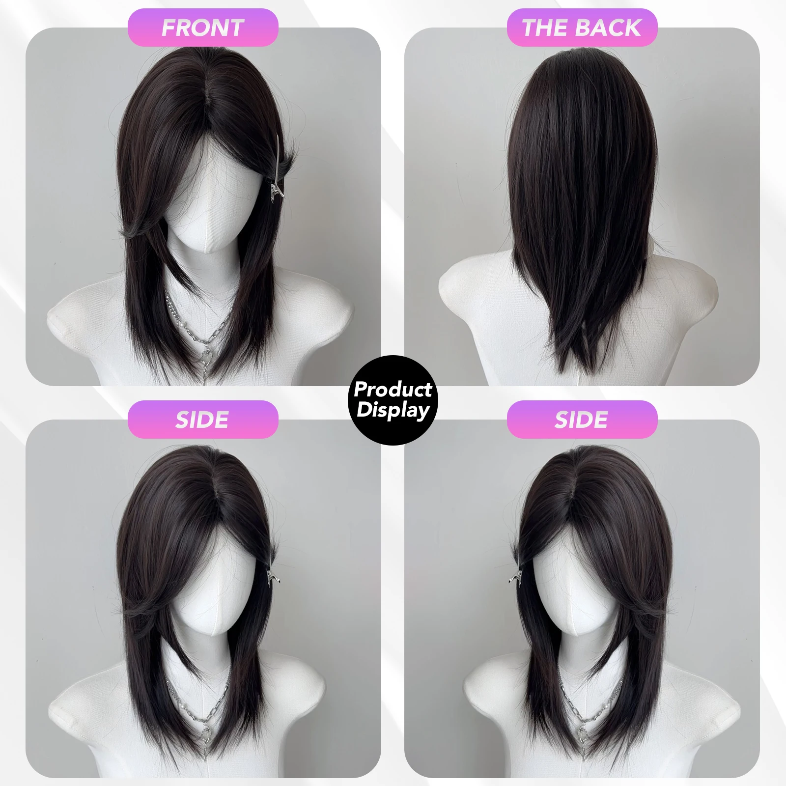 MEISU 20 Inch Synthetic Silver White Bangs Wig length Straight Unisex Wig Fiber Heat resistant Natural Party or Selfie