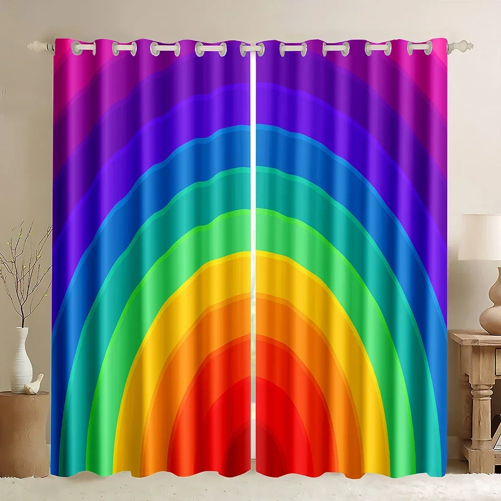 Rainbow Window Curtain for Kids Room Cute Rainbow Abstract Cartoon Windows Drapes Creative Vintage Sun Blackout Window Curtains