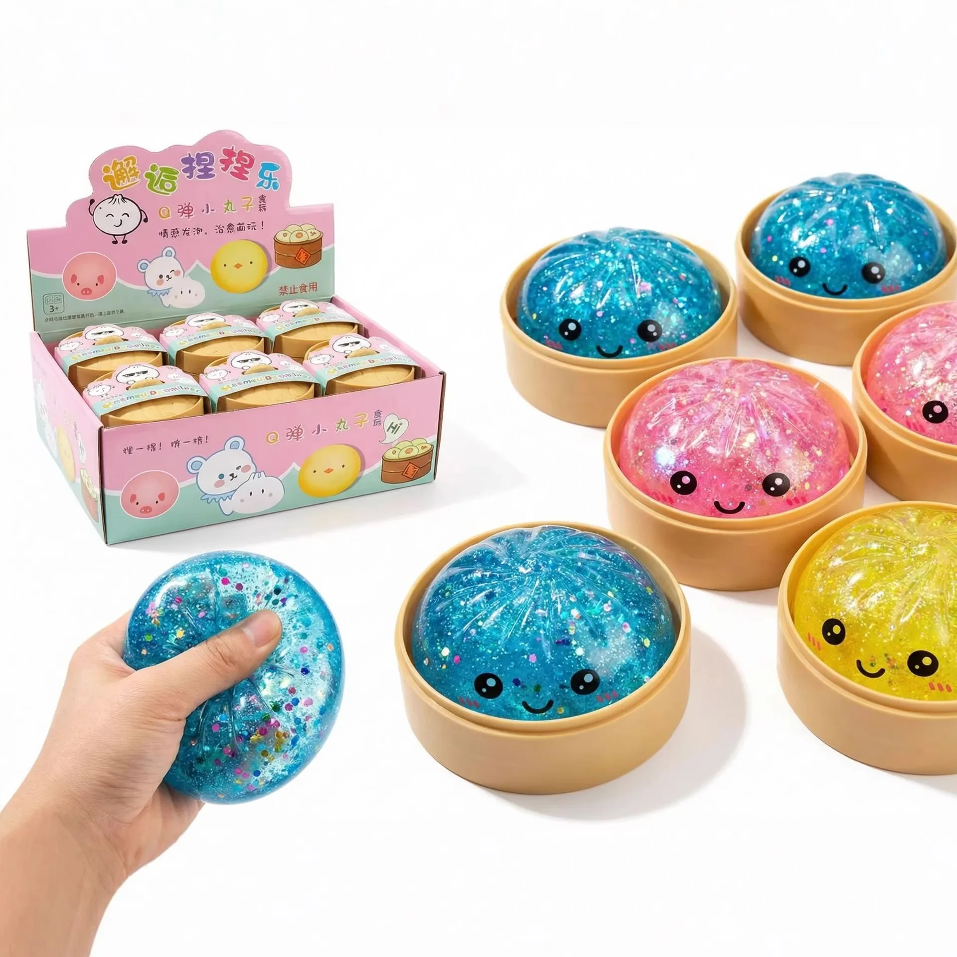 Juguete de Peluche Gigante Realista con Forma de Dumpling y Vaporera de Bambú, Bola de TPR Suave, Caja Sorpresa, Juguete Antiestrés, Juguete Creativo, Regalos de Escritorio ﻿