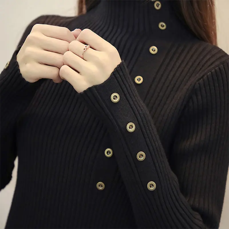 Women Autumn and Winter Korean New Half High Neck Sweater Solid Button Warm Knitted Shirt Slim Fit Versatile Long Sleeved Tops