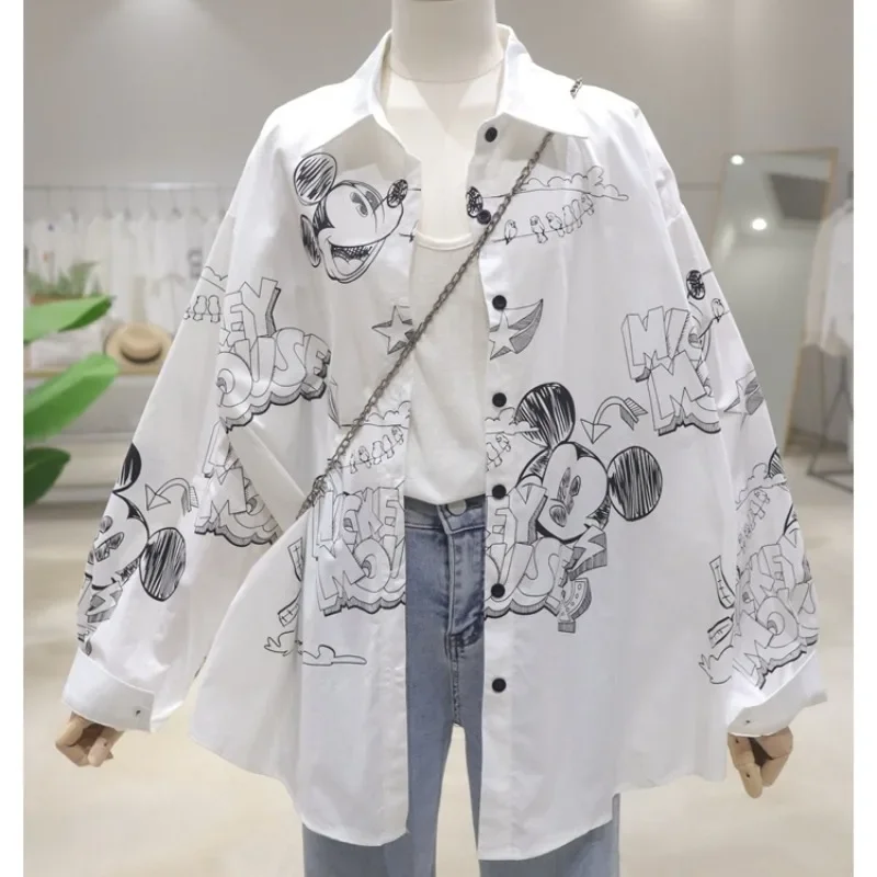 Popular Age Reduction Cartoon Printing Blouse 2024 Early Autumn Loose Thin Medium And Long Cotton Top Long-sleeved Shirt Female