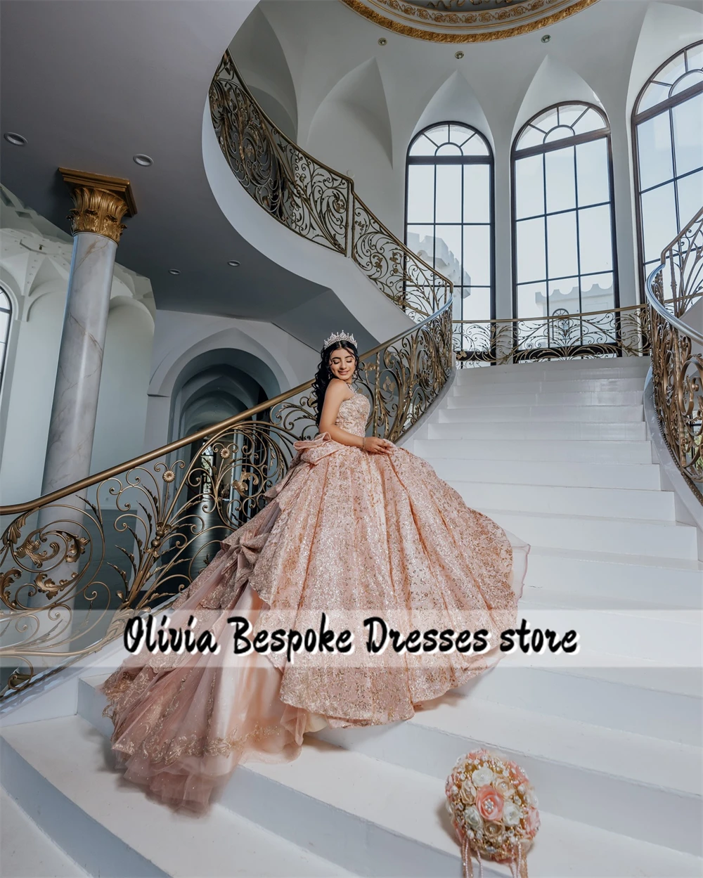 Robes de Quinceanera avec nœud à volants, appliques de dentelle perlée rose blush, robe de Rhpersonnalisée, fête d'anniversaire, 15 ans