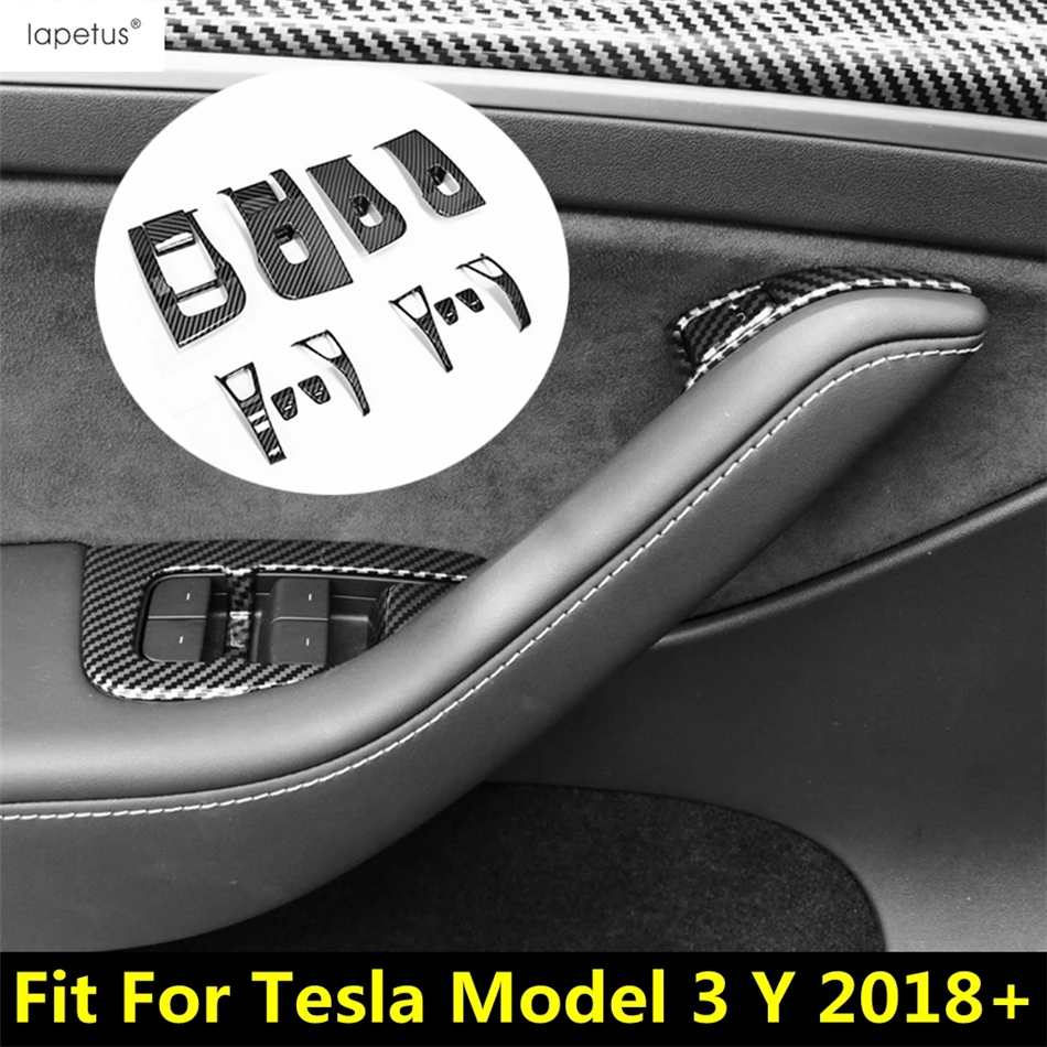 

Car Door Lock Button Handle Armrest Window Control Panel Cover Kit Trim Carbon Fiber Accessories For Tesla Model 3 Y 2018 - 2022