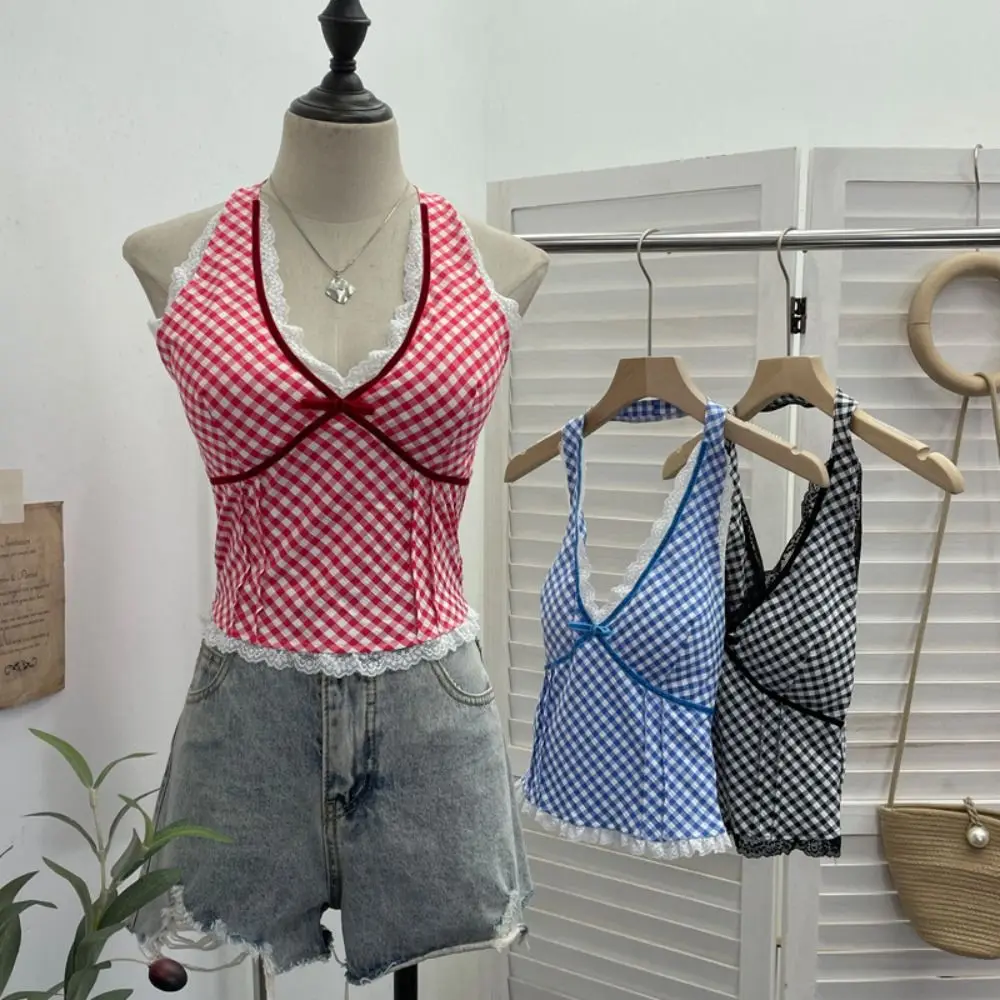 شريط شبكة Bowknot بلا أكمام المحاصيل الأعلى انفصال Bowknot سليم صالح الدانتيل سترة فتاة قاع قميص الخامس الرقبة