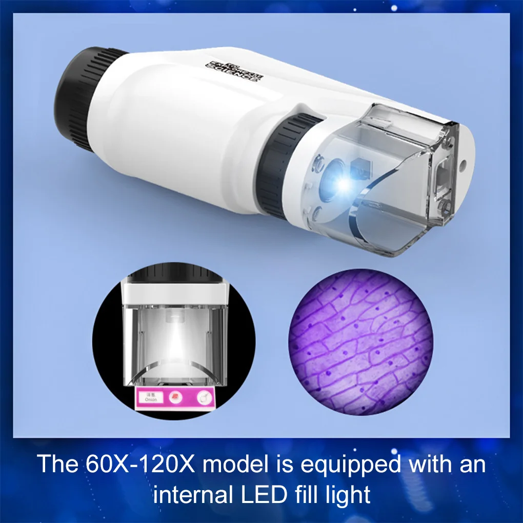 Mini microscópio portátil de bolso com luz led de laboratório 60x-120x microscópio portátil crianças ciências biológicas explorar ferramentas