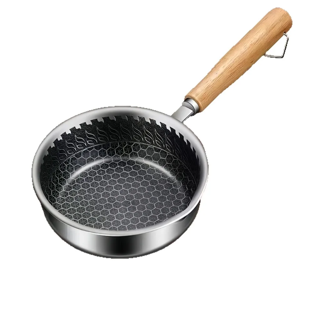 

Stainless Steel Mini Frying Pan Non-Stick Pour Spouts Hot Oil Splashing Pot Wooden Handle Easy To Clean Pancake Skillet