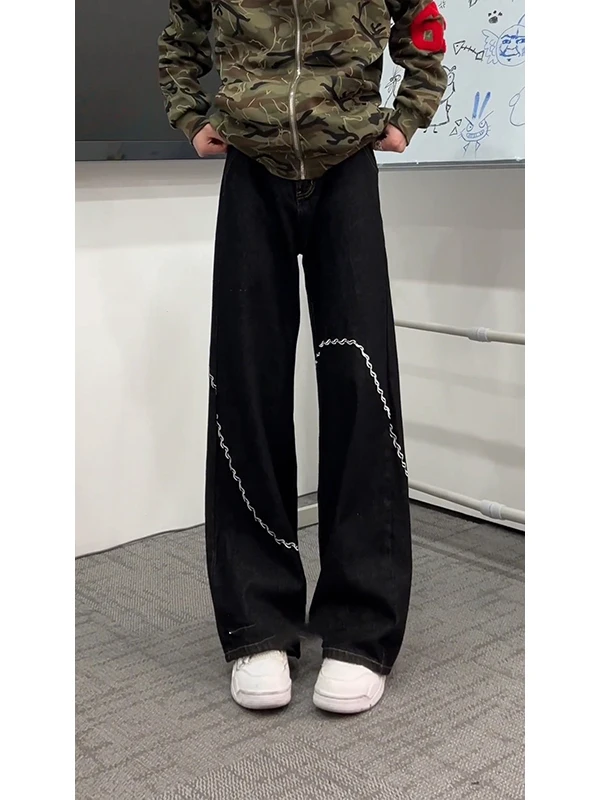 

American High Street Vibe Men's Jeans Spring Design Embroidered Straight Leg Lifted Waist Micro Flared Bla High Waist Jeans