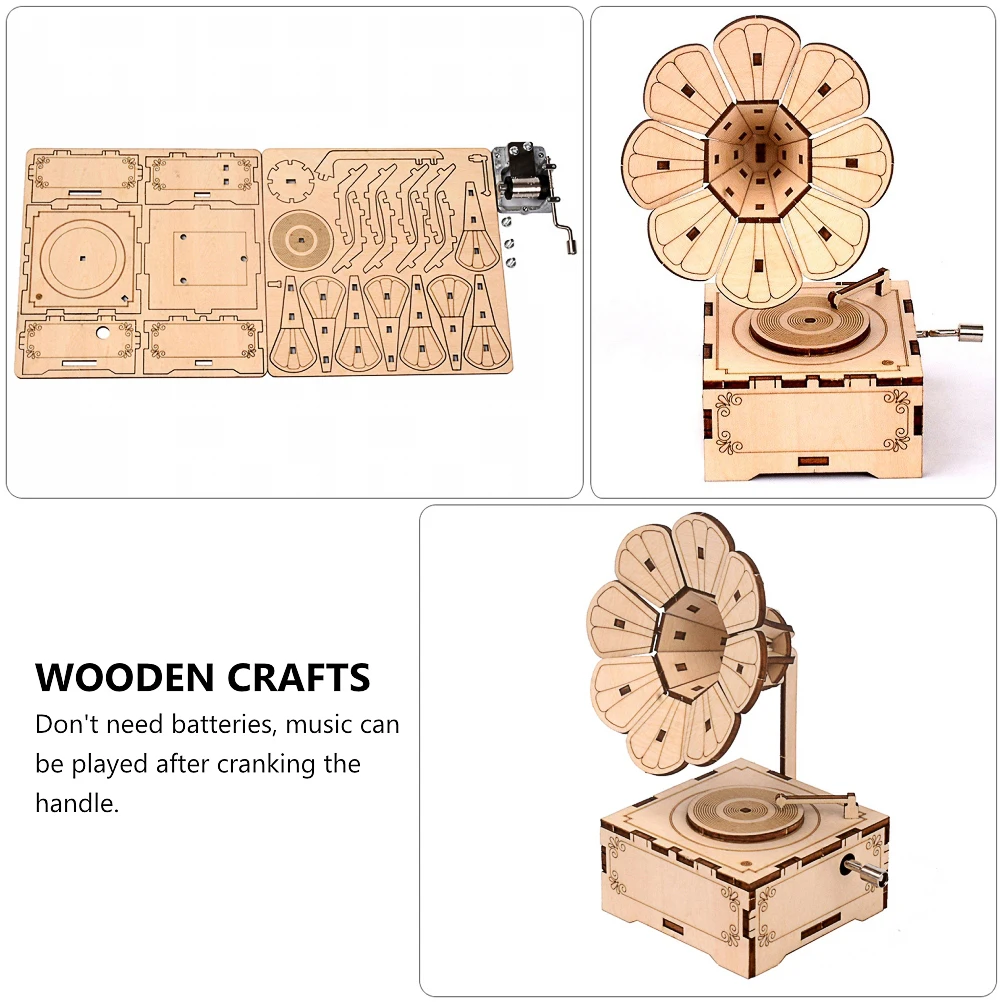 

1 Set Premium Wooden Music Box Diy Kit Christmas Gift For Kids Craft Material Beautiful Gramophone Shape No Batteries Needed