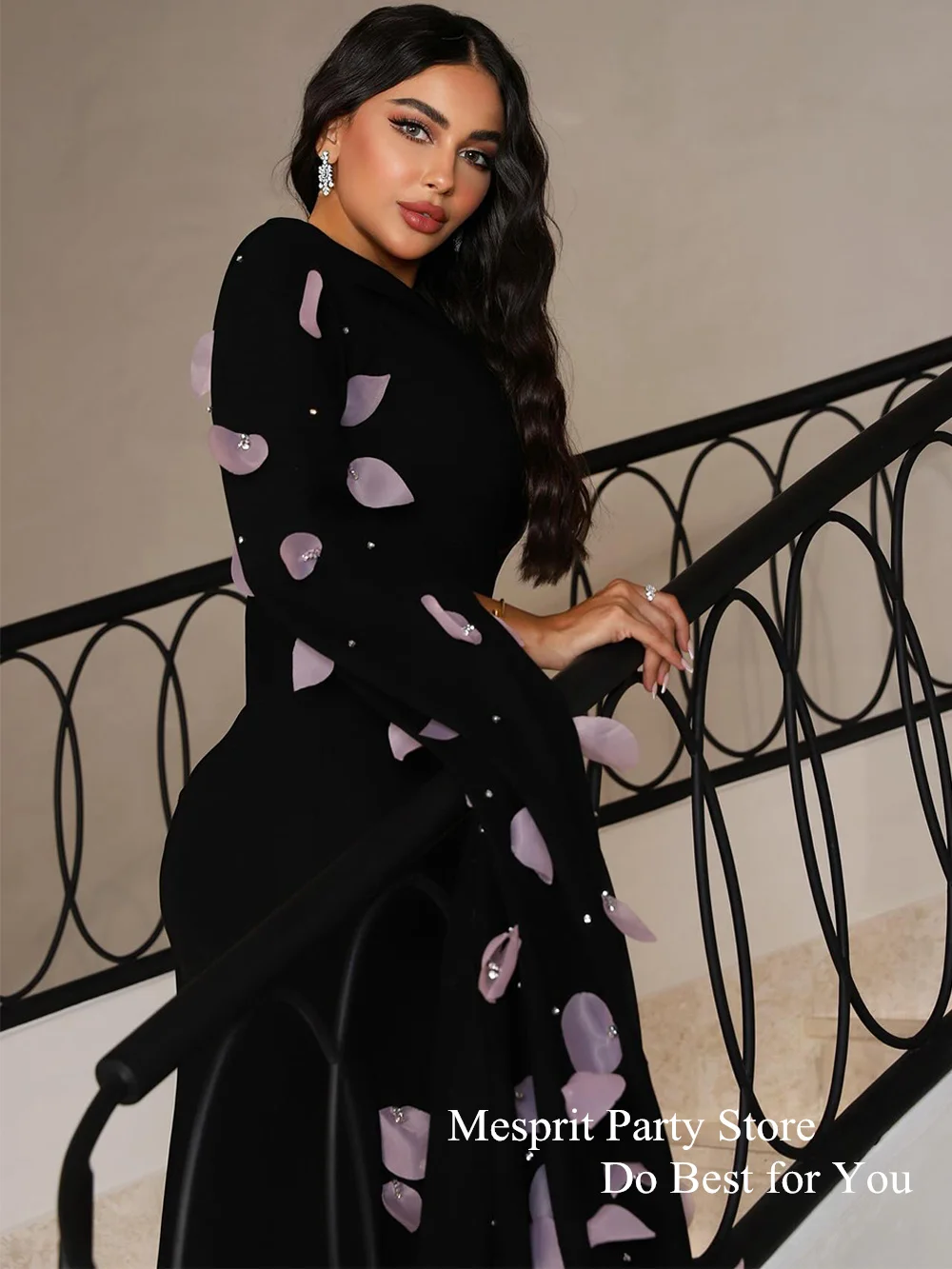 Elegant Black Evening Dress with Pink Floral Petals Beading Mermaid Party Dresses Ankle Length Long Sleeves Saud Prom Gown