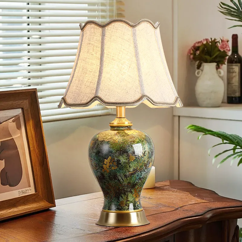 

American Ceramic Table Lamps Fabric Lampshade Bedroom Bedside Living Room Study Hotel Decoration Indoor Retro Lighting Fixtures