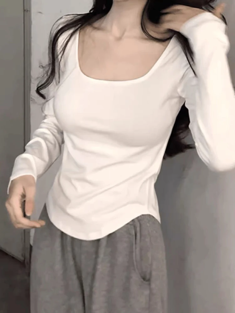 

Женская облегающая футболка с длинным рукавом и квадратным вырезом, базовая модель, нижний слой, топ больших размеров, новинка весны, в корейском стиле, для повседневной носки
