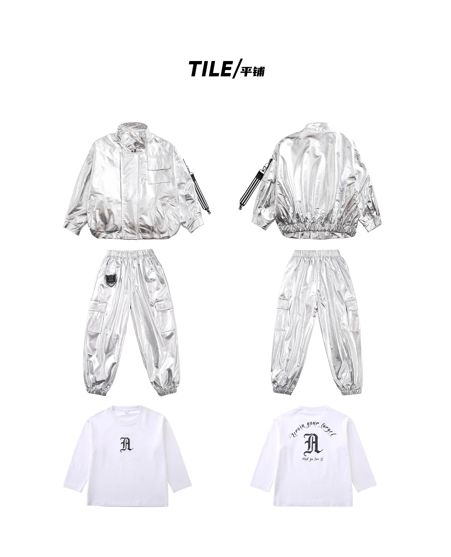 Neues Kinder-Hip-Hop-Set aus glitzerndem silbernem Leder, Bühnenkostüm für Mädchen, Street-Dance-Kopf-Performance-Kostümset für Jungen – Detail 13