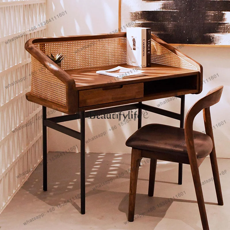 HJ Medieval solid wood desk rattan home study small desk against the wall writing desk computer table