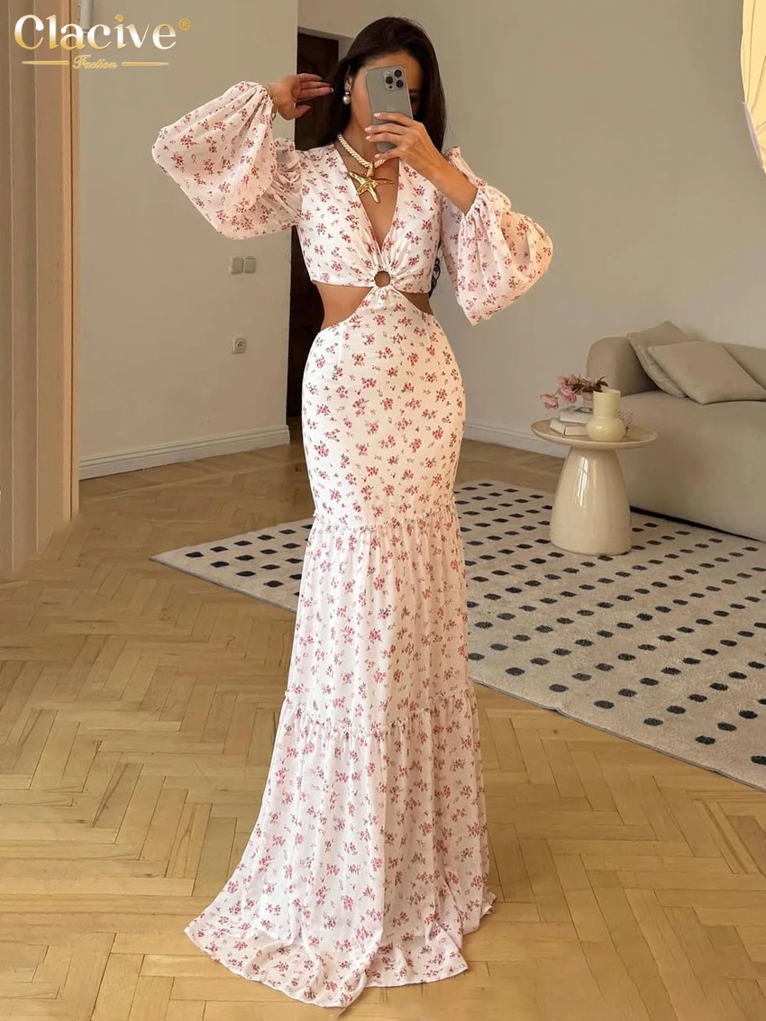 Clacive Sexy Loose Print Women's Dress 2025 Fashion V-Neck Long Sleeve Maxi Dresses Elegant Classic Hollow Out Female DressClaci