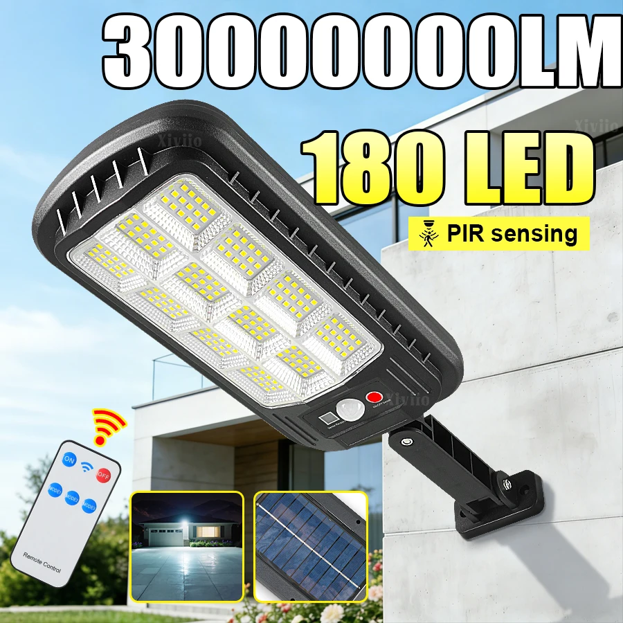 180 LED Solar Outdoor Lights, Super Bright 30000000LM PIR Motion Sensor Solar Wall Lamp with Remote Control, Waterproof Floodlig