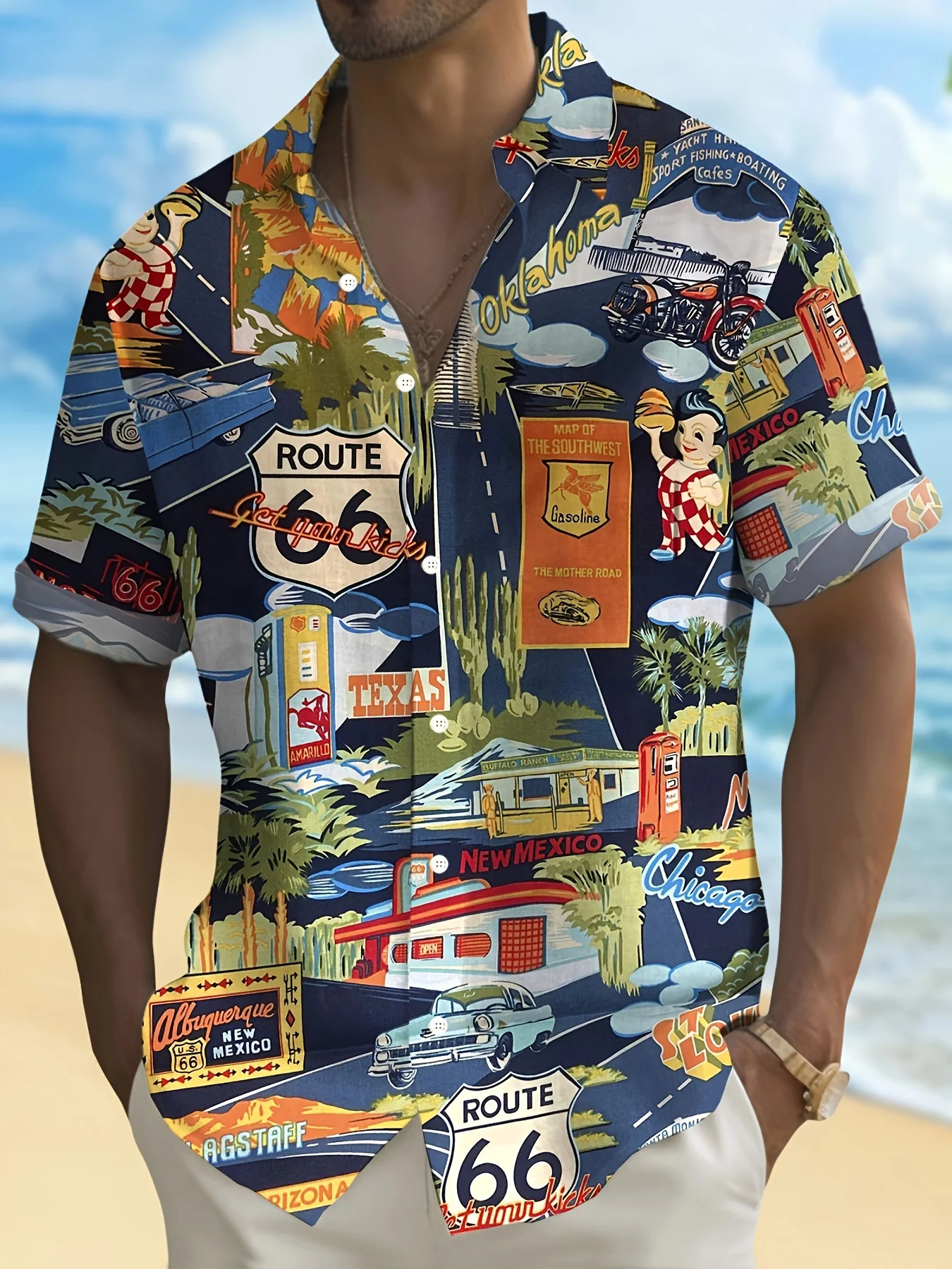 

2025 New Men's Retro Style 66 Printed Short-sleeved Shirt Casual Summer Loose Lapel T-shirt Men's Single-breasted Home Shirt