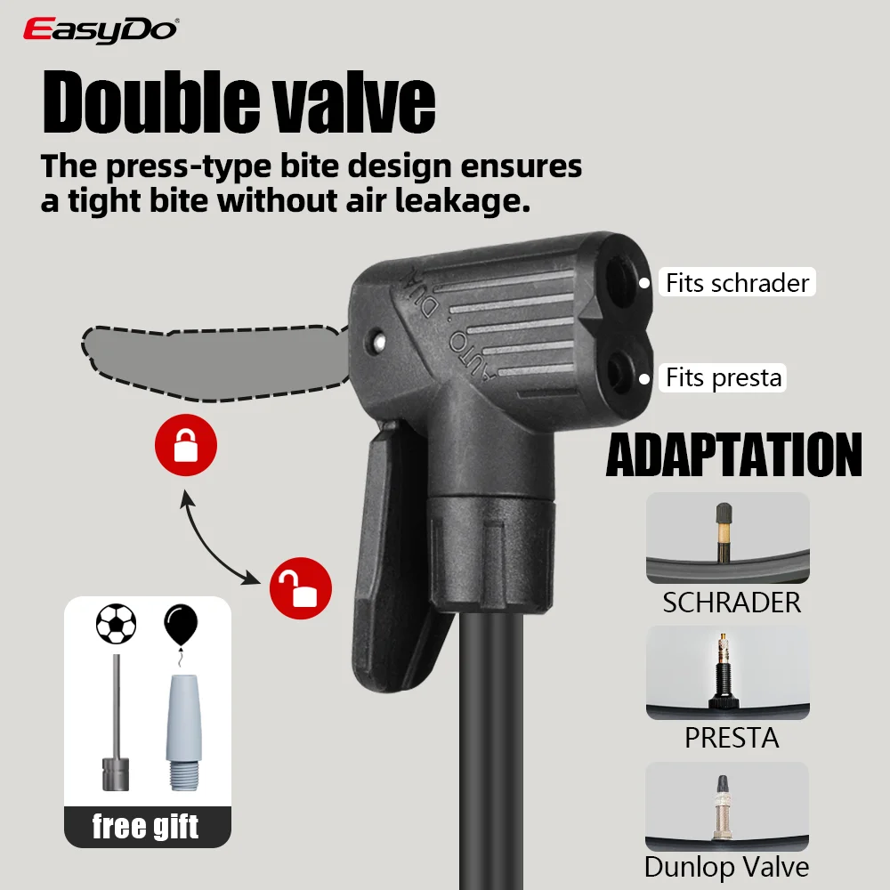 Easydo Bicycle Mini Pump with Pressure Guage AV FV Bike Foot Pedal Tire Inflator 80PAI Poratale High Pressure Balloon Air Pump