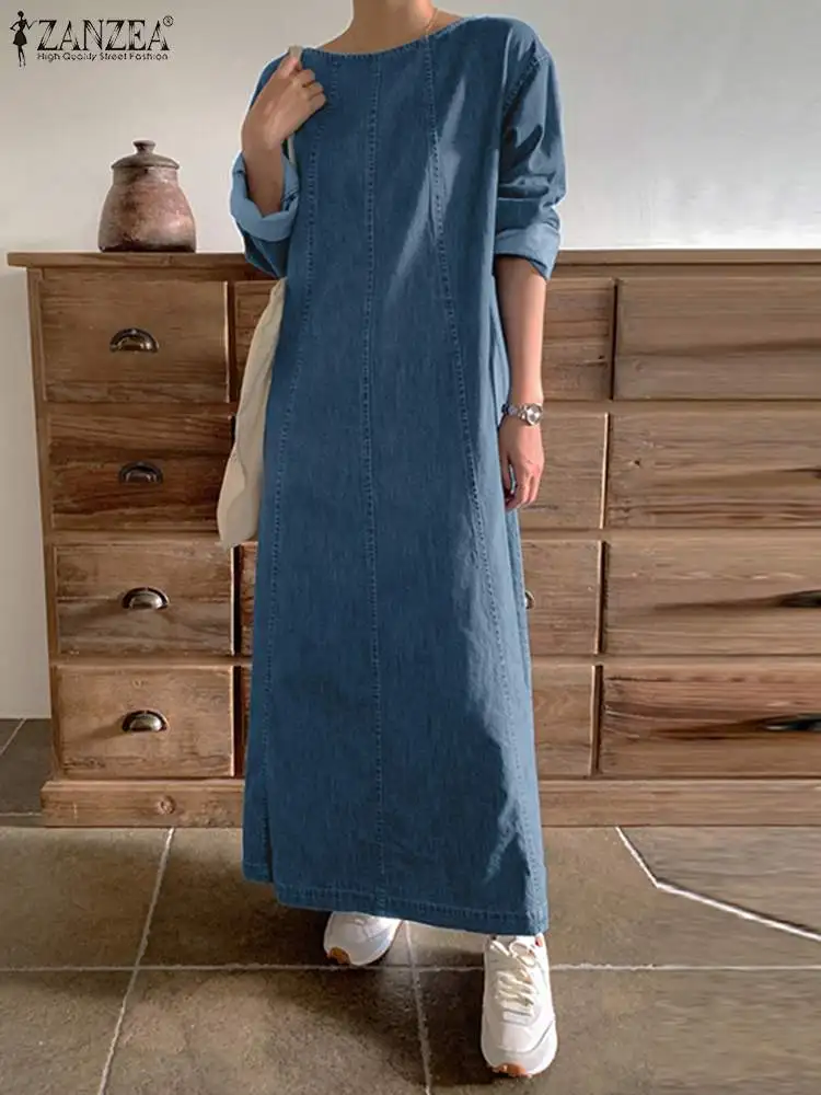 Vintage donna manica lunga Denim blu prendisole ZANZEA autunno Casual abito allentato Robe Femme Solid Fashion Party Vestido Oversize