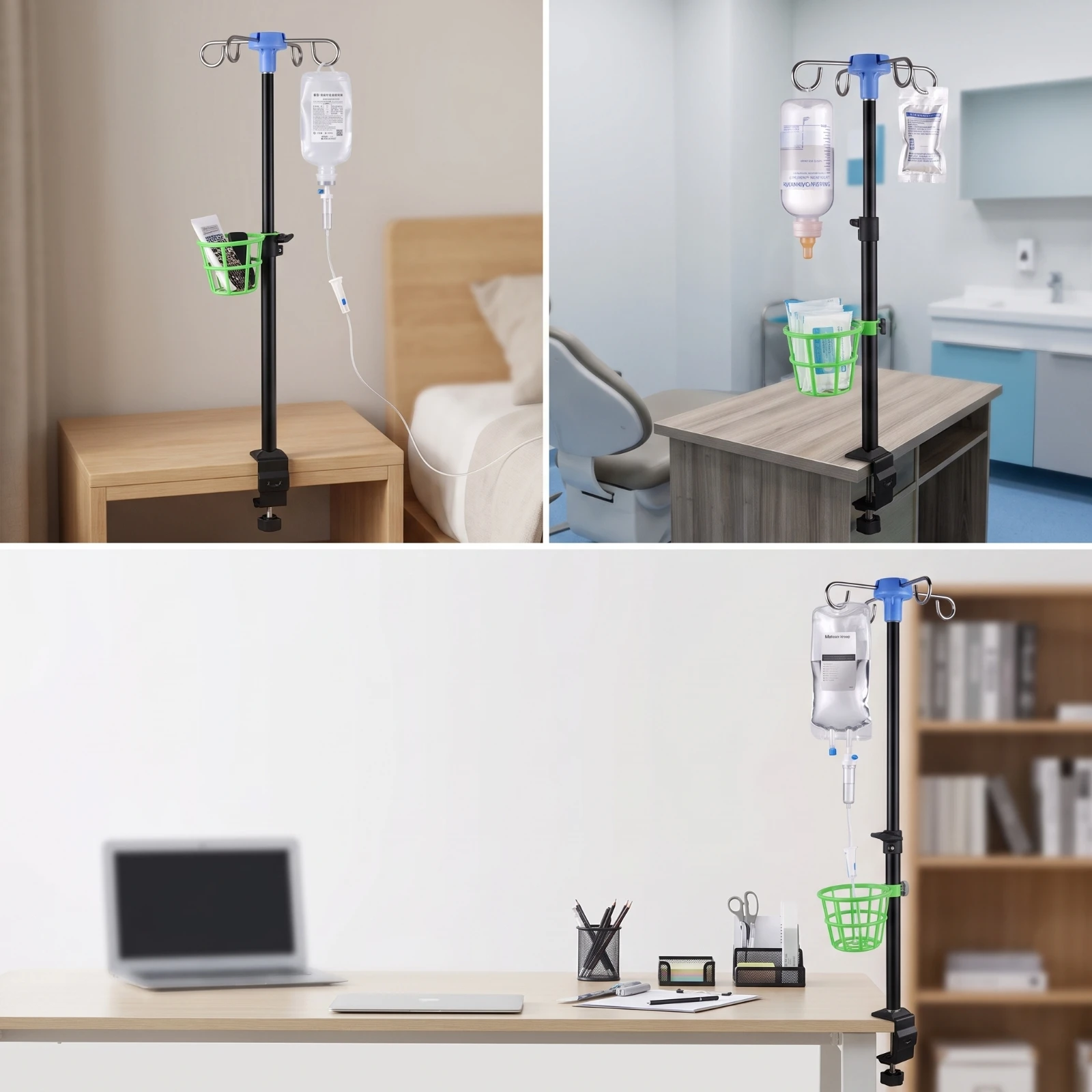 Clamp-on Nursing Stand with Mesh Bag Compact Bedside Nursing Stand with Hook Heavy-Duty for Patients, Home Care