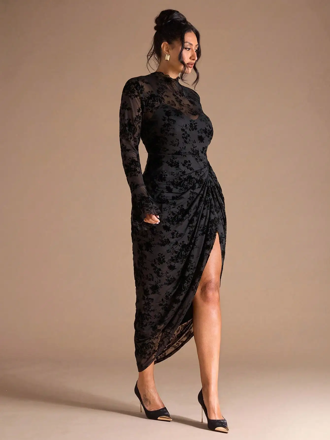 Plus Size Damen Frühherbst Flocked Flared Sleeve Stehkragen Split Plissee Kleid/Hochzeitsgast Kleid Damen,Hochzeit