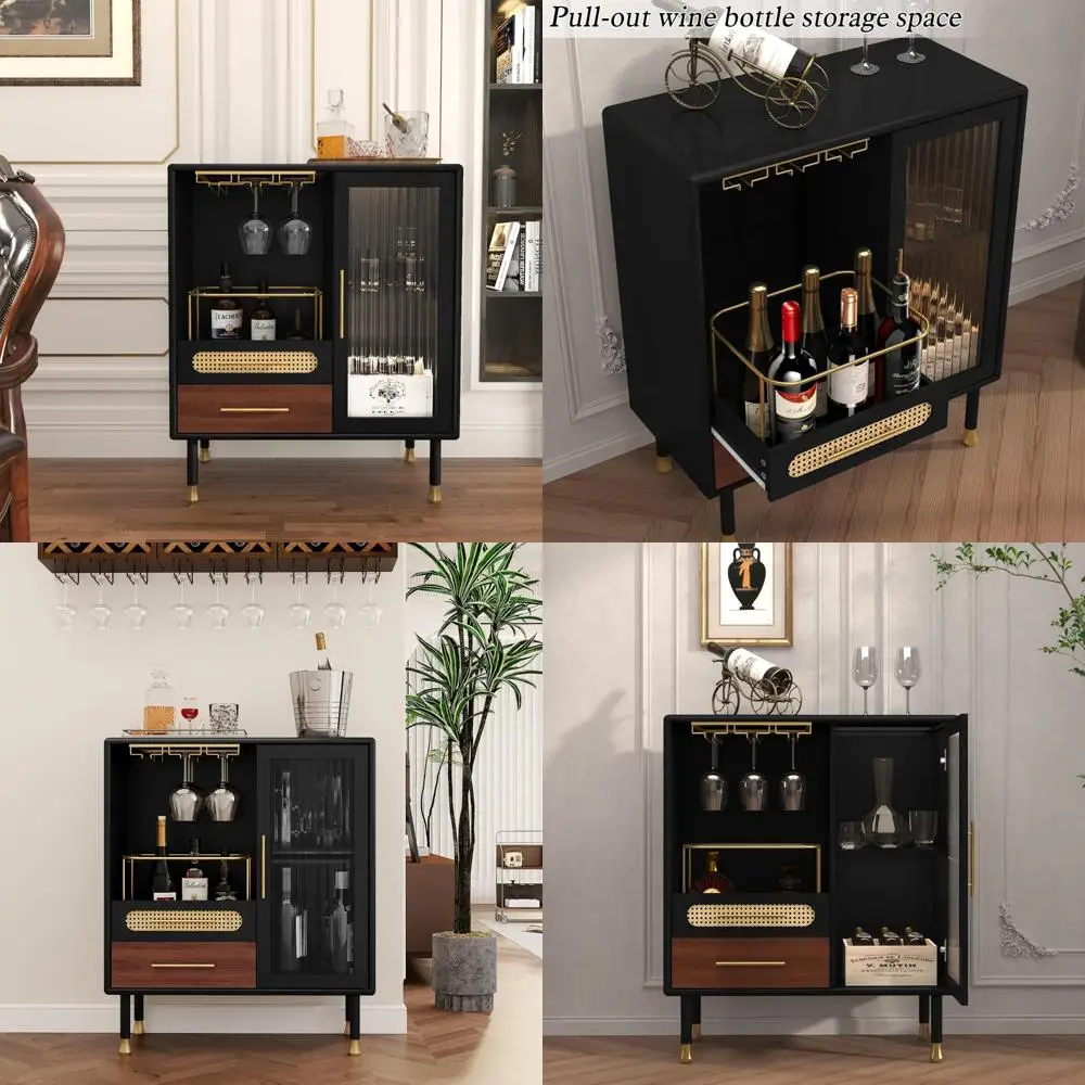 

Modern Coffee Bar Cabinet with Wine Glass Holder and Drawers, Black Liquor Storage for Kitchen with Pull-Out Wine Rack, Space-Sa