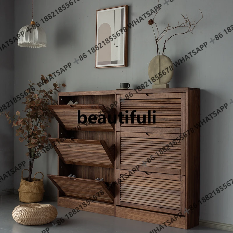 Black walnut simple entry hall, porch cabinet, shutters, door storage, locker, tipping bucket, multi-layer shoe cabinet