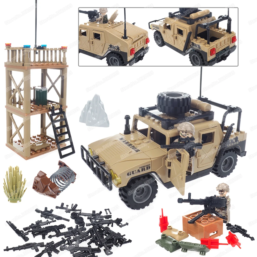 Military Watchtower Land Battle Ax Weapons Car Building Block Moc Ww2 Figures Patrol The Guard Scenes Model Child Gifts Boy Toys