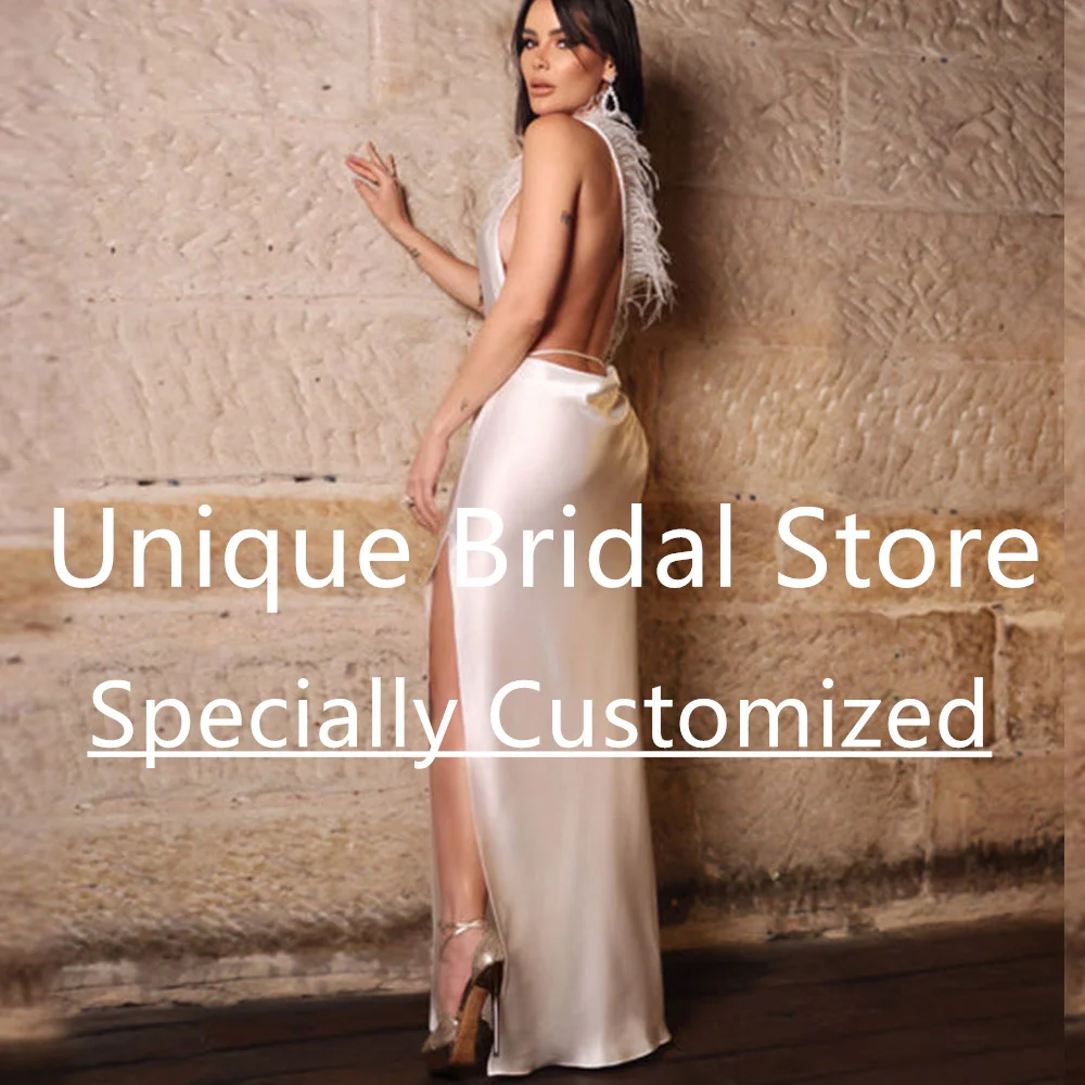 Customized Sexy Mermaid Bridal Dress One Shoulder Sleeveless With Feather Elegant Backless High Split Floor Length Свадебное Пла