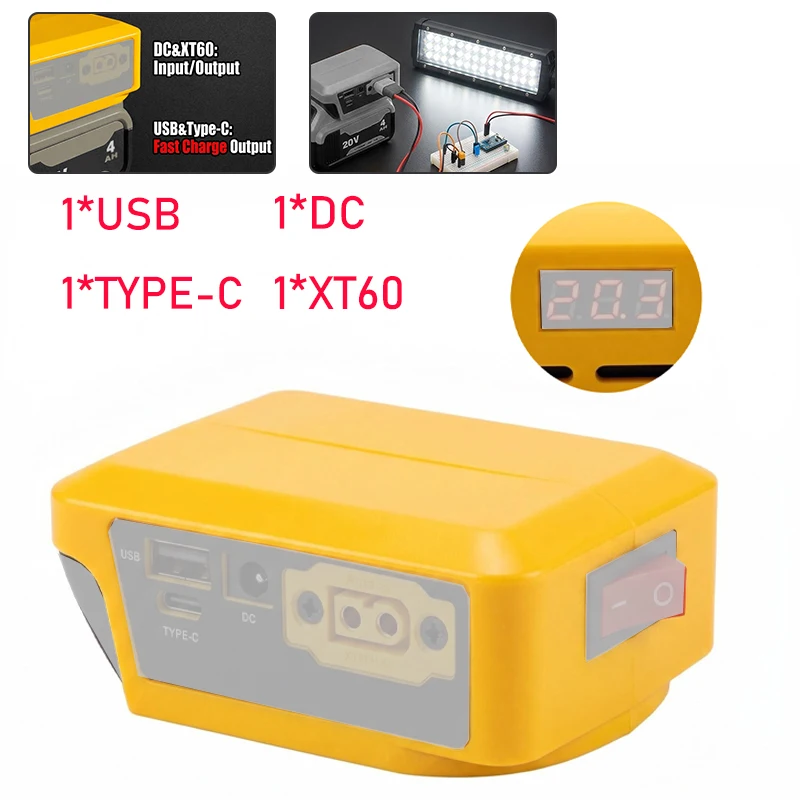 for Dewalt 20V Power Battery Adapter with USB Type C DC Ports Mobile phone power bank for DC tool LED lights DIY RC Models