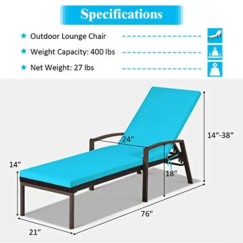 

2-Pack Wicker Outdoor Chaise Lounge With 5-Position Recline, Soft Turquoise Cushion, Armrests For Patio Pool Deck